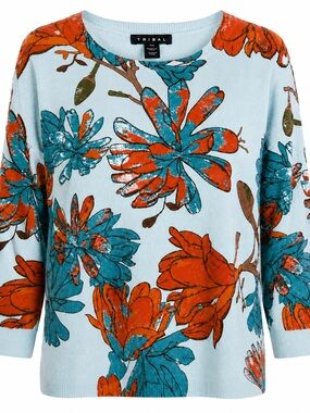 Tribal Floral Print Knit Sweater Petite Small Blue Boho